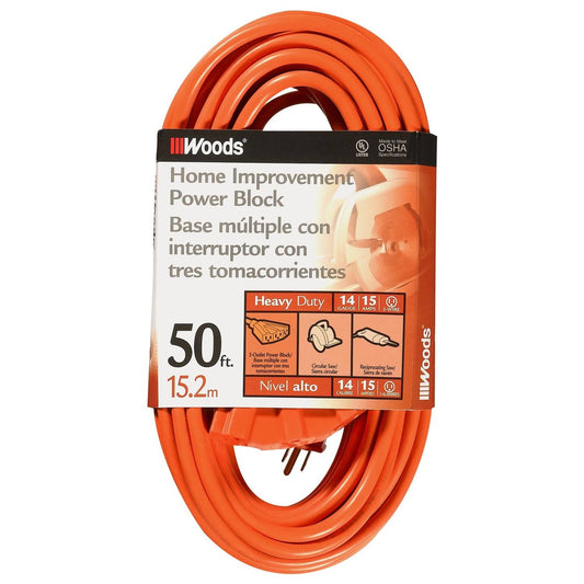 Woods 0826 14/3 Outdoor Multi-Outlet Extension Cord, Orange, 50