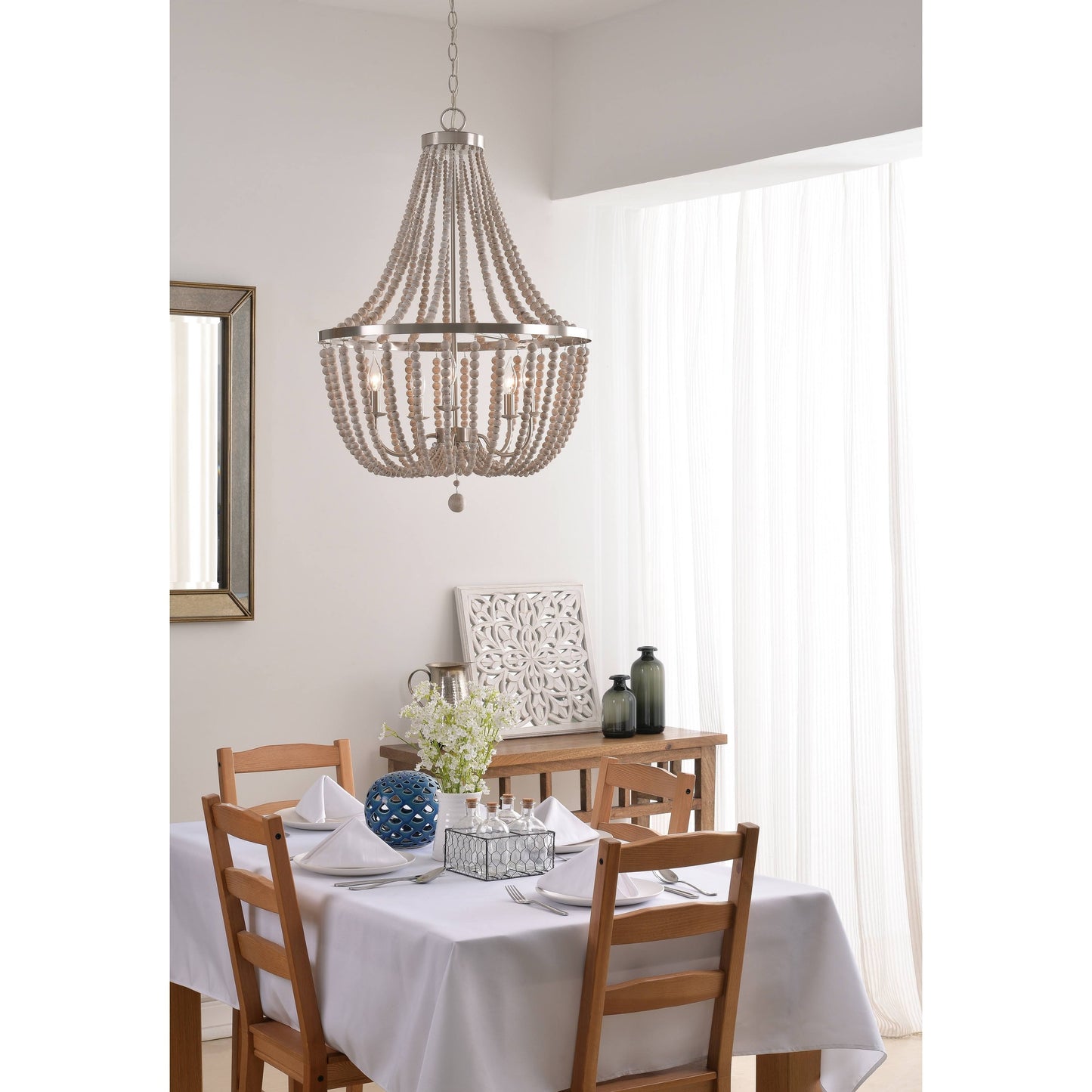 Zander 5 Light Chandelier - Brushed Steel with White Wood Beads, Design Craft OS91089