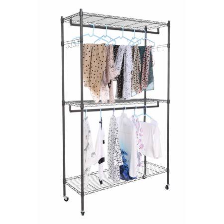 3-Tiers Heavy Duty Wire Shelving Garment Rolling Rack Clothing Rack with Double Clothes Rods,Lockable Wheels,Clothes Hanger Home Shelf Up to 400lb