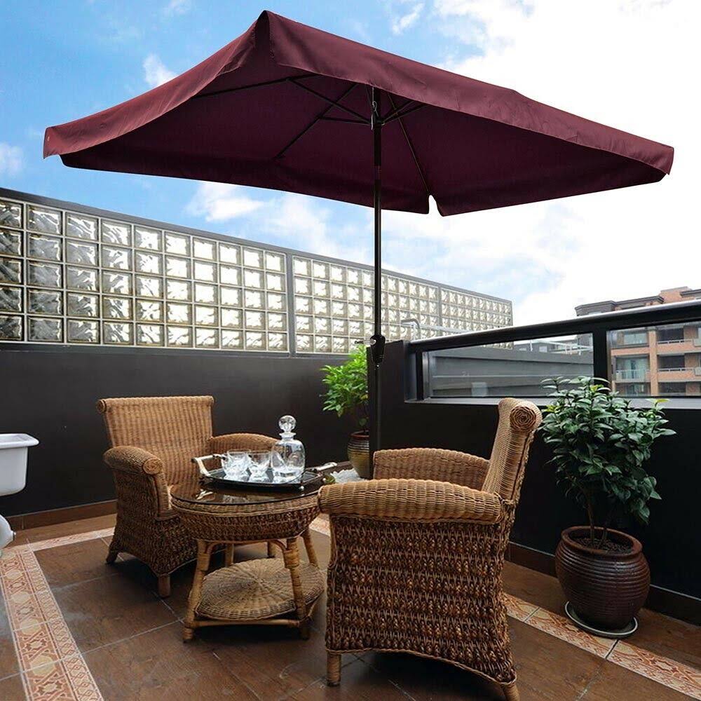 10x6.5ft Rectangle Aluminum Outdoor Patio Umbrella w/ Valance Sunshade Crank Tilt Garden Wine Red