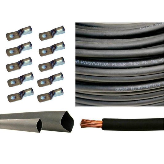 WindyNation 20 ft. 2/0 AWG Black with 10-Piece of 3/8 in. Tinned Copper Cable Lug Terminal Connectors and 3 ft. Heat Shrink Tubing