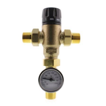 3/4 inch Male NPT MIXCAL 3-Way Adjustable Thermostatic Mixing Valve w/ Temp Gauge 521510A